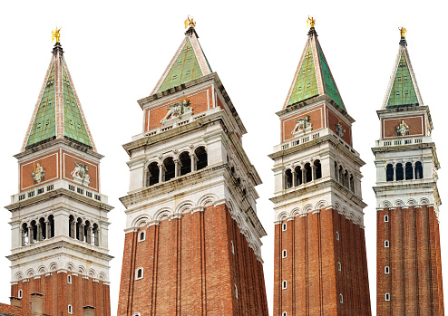 Venice, Campanile di San Marco (bell tower) in St Mark square, isolated on white background. UNESCO world heritage site, Veneto, Italy, Europe. Collection of four images