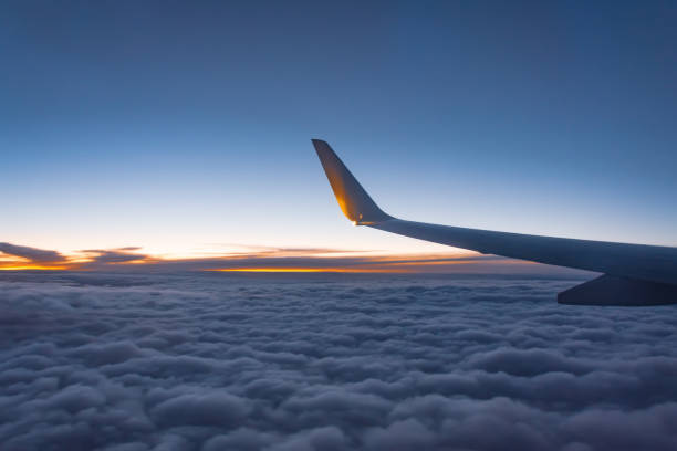 istock Aircraft wing view from airplane with cloudscape sky after sunset. 1183141976