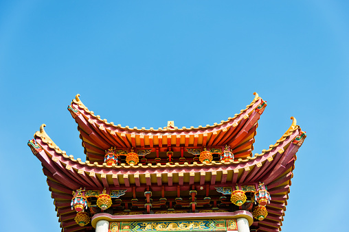 Chinese style temple roof under blue sky