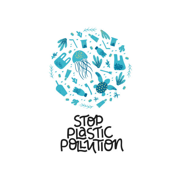 Stop plastic pollution. Disposable garbage and sea, ocean animals Stop plastic pollution black lettering. Waste contamination and water pollution poster design template. Disposable garbage and sea, ocean animals. Zero waste and plastic free lifestyle slogan color by number jelly fish stock illustrations