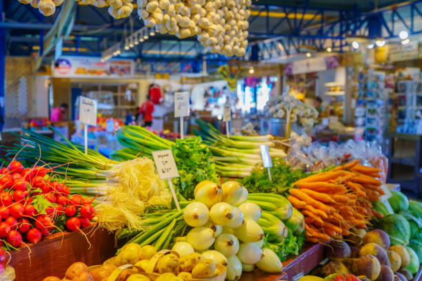 Vegetables on sale in the old port market, Quebec City stock photo