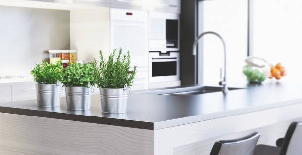istock Residential interior of modern kitchen in luxury mansion, 3d rendering 1183147460