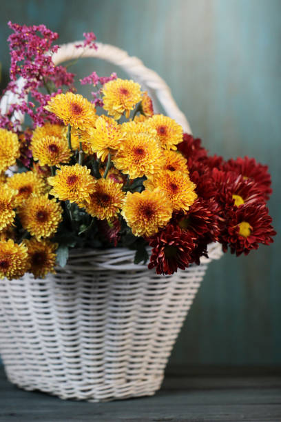 istock Autumn background with beautiful flowers in basket on the table. 1183147663