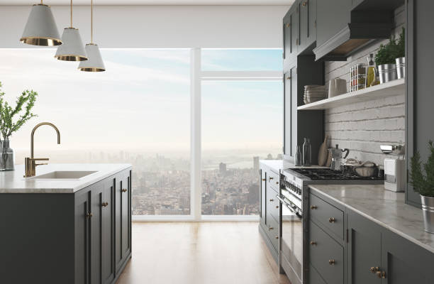 istock Residential interior of modern kitchen in luxury mansion, 3d rendering 1183148539