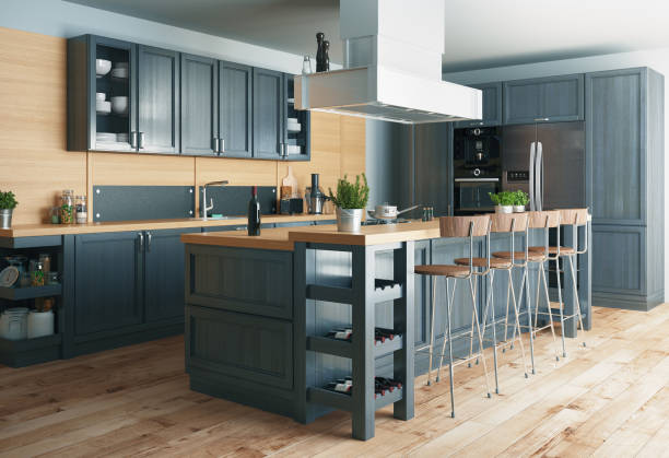 interni residenziali di cucina moderna in villa di lusso, rendering 3d - cucina domestica foto e immagini stock