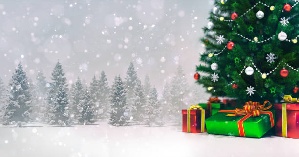 istock Decorated Christmas tree in winter snowy forest at snowfall, bottom tree view 1183149552