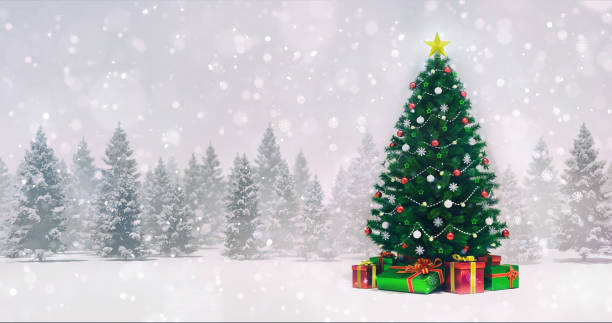 Decorated Christmas tree in winter snowy forest at night snowfall