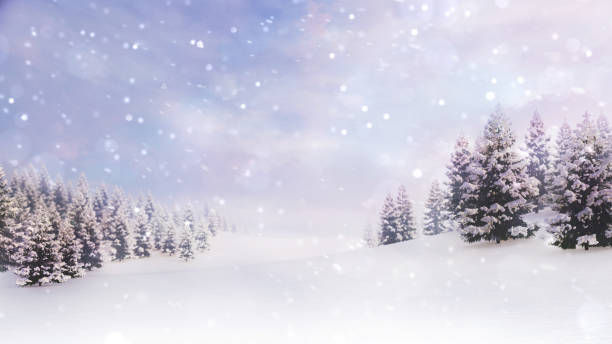 istock White open landscape with snow covered plain and forest at snowfall 1183149815