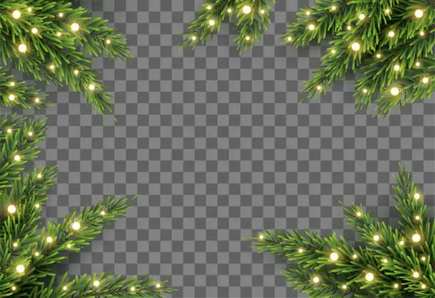 Vector illustration of Christmas tree decor with fir branches and lights on transparent background, vector illustration