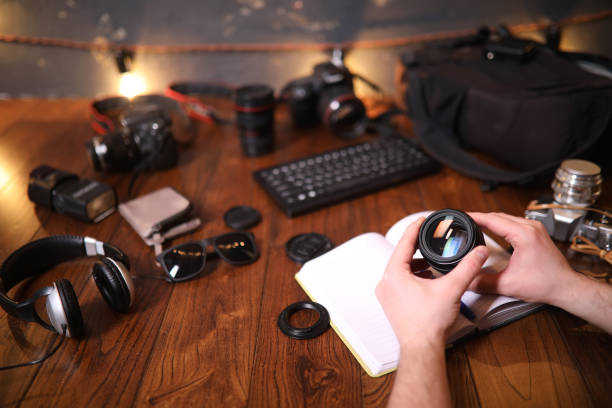 istock The photographer's desk, digital camera accessories 1183154561