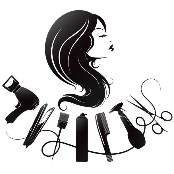 Vector illustration of Silhouette of a girl with curls and tools for hair care