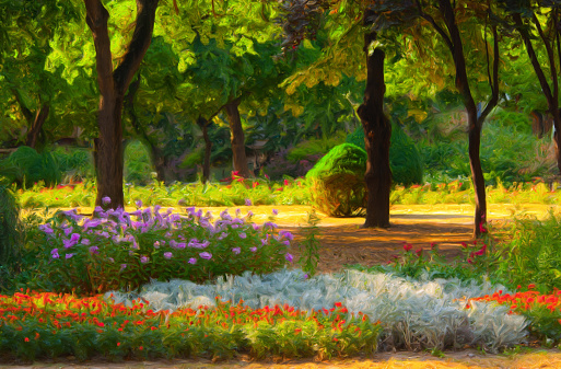 Oil landscape painting showing park on a sunny spring day.