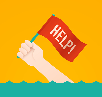 Help flag person needing to be rescued or drowning danger assistance concept.