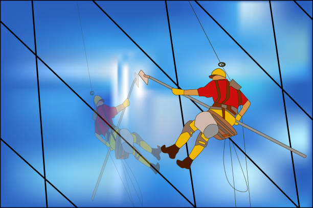 alpinizm przemysłowy. profesjonalny wspinacz przemysłowy myje okna z zewnątrz na wiszącej platformie. - front line illustrations stock illustrations