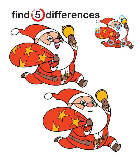 Vector illustration of Find differences, Santa Claus and Ringing Bell
