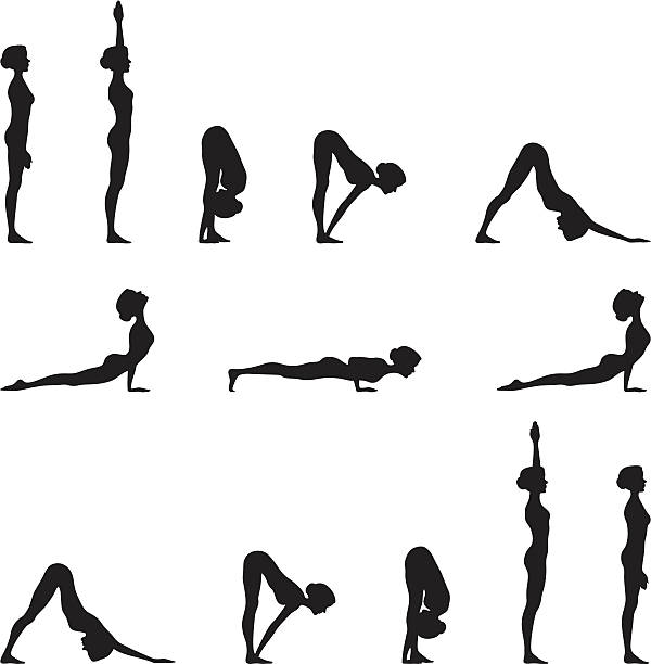 illustrations, cliparts, dessins animés et icônes de série de postures de yoga silhouette - salutation au soleil