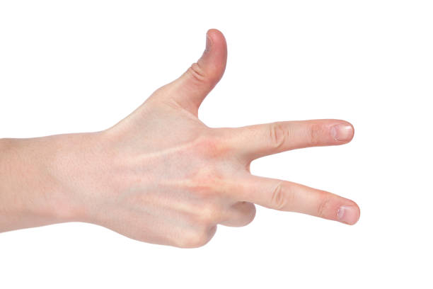 Man showing number three on white background, closeup.