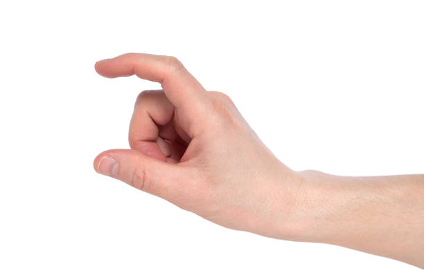 istock Male caucasian hand gesturing a small amount, or smal size, isolated on white background. 1183165894