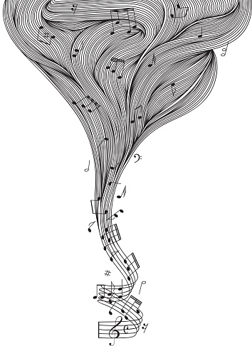 The art of sheet music. A twisted staff bifurcating into a beautiful wavy cloud of lines, full of musical notes and other symbols.