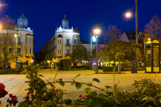 Night view of impressive architecture of hungarian town Debrecen