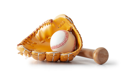 Baseball bat, ball and glove