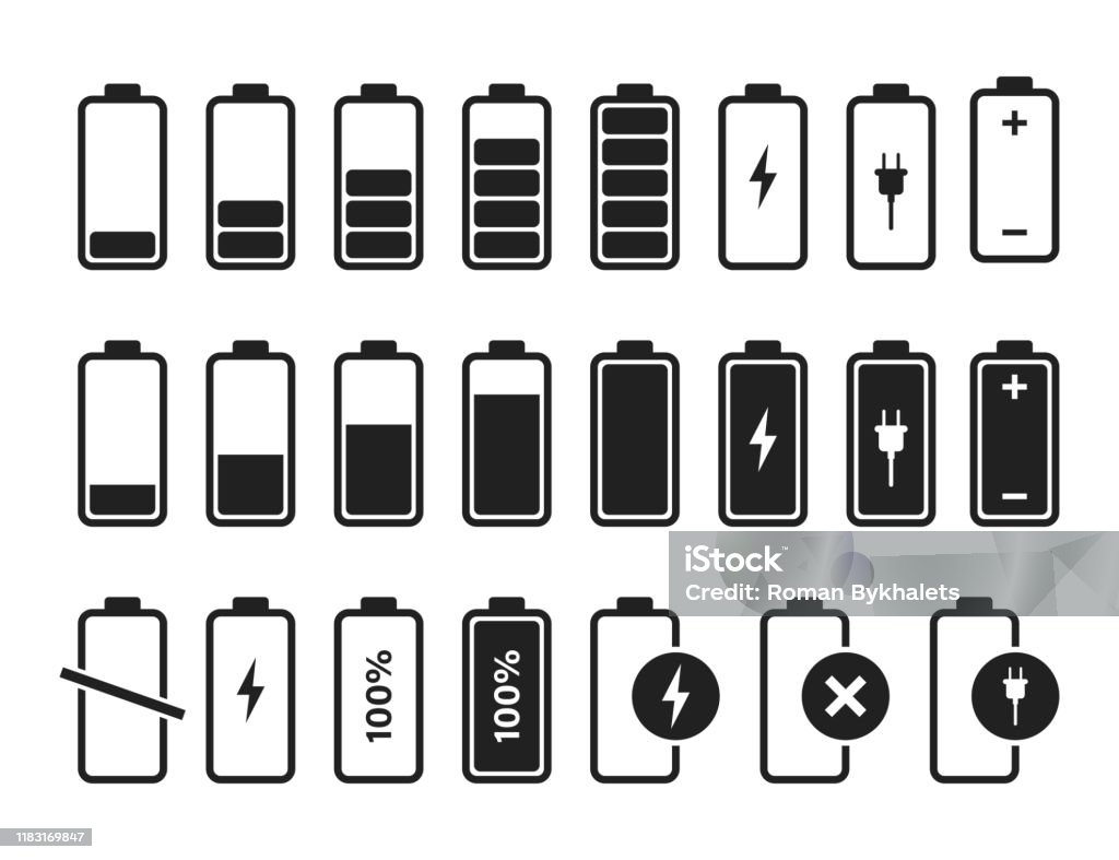 Battery charger icon vector logo. Isolated vector sign symbol. Battery charge full power energy level. Battery low icon energy symbol battery charge. - Royalty-free Pilha - Fornecimento de Energia arte vetorial