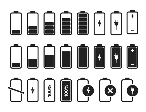 Battery charger icon vector logo. Isolated vector sign symbol. Battery charge full power energy level. Battery low icon energy symbol battery charge. EPS 10