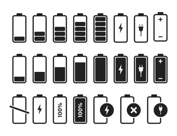 Vector illustration of Battery charger icon vector logo. Isolated vector sign symbol. Battery charge full power energy level. Battery low icon energy symbol battery charge.