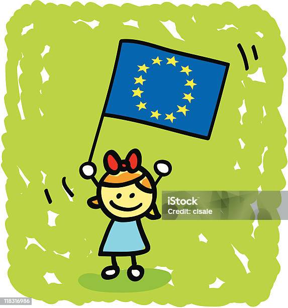 Bambino Fumetto Con Bandiera Dellunione Europea - Immagini vettoriali stock e altre immagini di Bambine femmine - Bambine femmine, Bambini maschi, Bambino