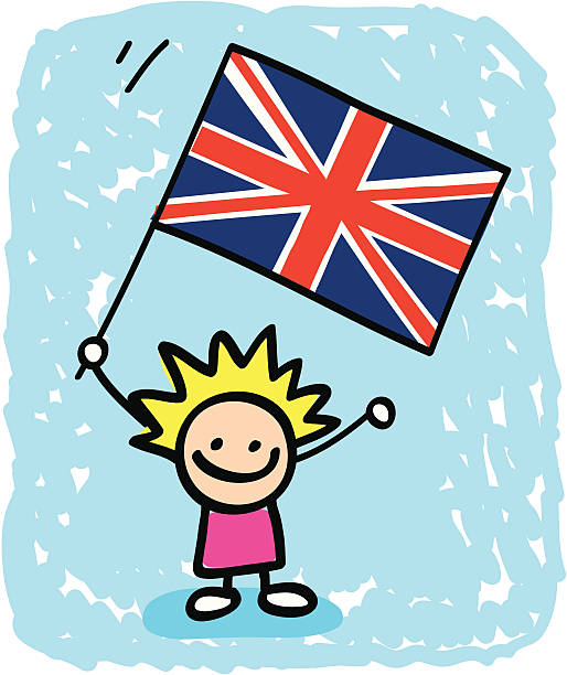 ilustraciones, imágenes clip art, dibujos animados e iconos de stock de british niño de historieta con la bandera de reino unido - fan england british culture english culture