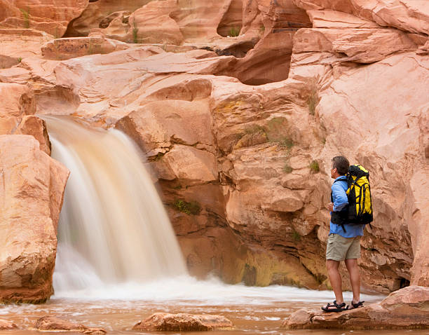 istock Backpacker Looking At Waterfall In Capitol Reef National Park 118317258