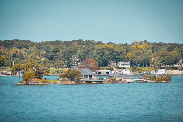 Autumn landscape in the 1000 islands. Houses, boats and islands. Lake Ontario, Canada USA stock photo