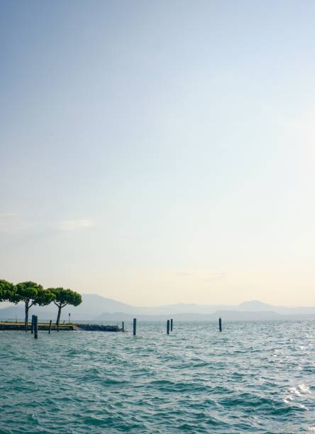 Vertical photo with view over Lago di Garda. Hills and mountains are hidden in fog in background. Few pine trees are on side next to wooden pales in water.
