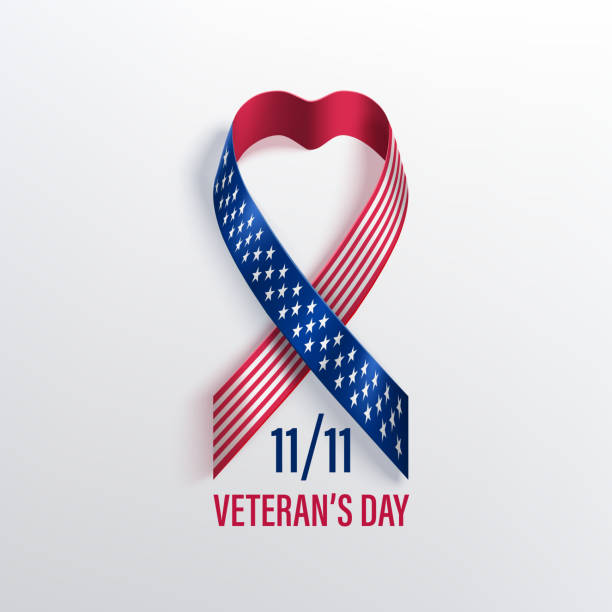 USA Veterans day card with ribbon Veterans day celebration banner with  photorealistic ribbon in color of the national flag of United States of America. Red and blue vector ribbon in heart shape with shadow on a light background. thank you veterans day stock illustrations