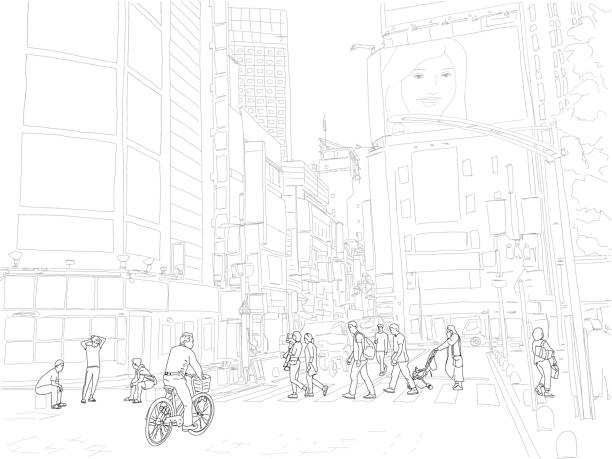 Hand drawn illustration. People cross the street in the beautiful and exciting Shinjuku neighborhood of Tokyo, Japan. Black and white. Hand drawn illustration. People cross the street in the beautiful and exciting Shinjuku neighborhood of Tokyo, Japan. Black and white. tokyo streets stock illustrations