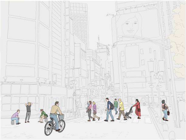 Hand drawn illustration. People cross the street in the beautiful and exciting Shinjuku neighborhood of Tokyo, Japan. People in color. Hand drawn illustration. People cross the street in the beautiful and exciting Shinjuku neighborhood of Tokyo, Japan. People in color. tokyo streets stock illustrations
