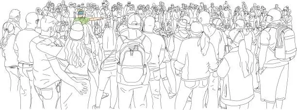 Vector illustration of Hand drawn illustration. A crowd of people gather in a circle to see a street performer.