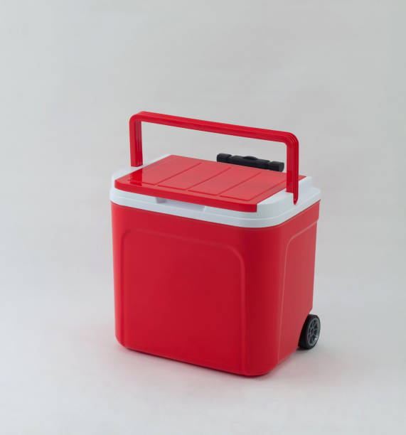 istock Red cooling box with wheels isolated on white 1183180546
