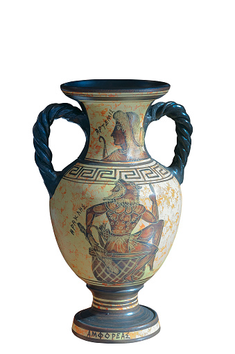 Ancient Greek reproduced amphora with the Images of Heracles and Artemis, isolated on white background.