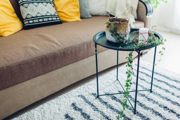 istock Creating modern interior using home plants. String of hearts put in basket on coffee table for cozy atmosphere. 1183184865