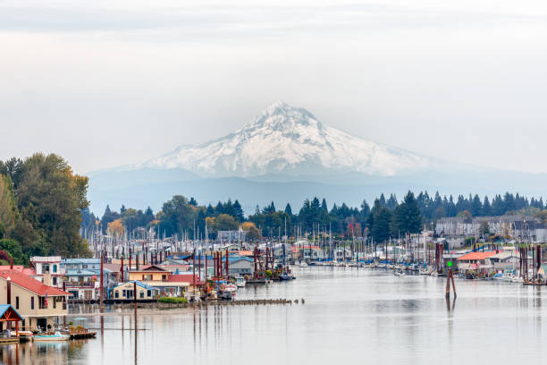 View of Mt. Hood and Portland Marina floating boat houses in Oregon, USA View of Mt. Hood and Portland Marina floating boat houses in Oregon, USA portland oregon photos stock pictures, royalty-free photos & images