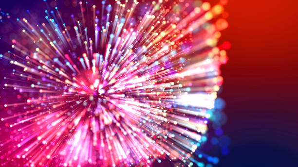 istock Abstract explosion of multicolored shiny particles or light rays like laser show. 3d render abstract beautiful background with light rays colorful glowing particles, depth of field, bokeh. 1183185290