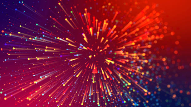 istock Abstract explosion of multicolored shiny particles or light rays like laser show. 3d render abstract beautiful background with light rays colorful glowing particles, depth of field, bokeh. 1183185730