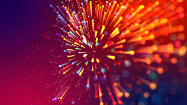 istock Abstract explosion of multicolored shiny particles or light rays like laser show. 3d render abstract beautiful background with light rays colorful glowing particles, depth of field, bokeh. 1183185870