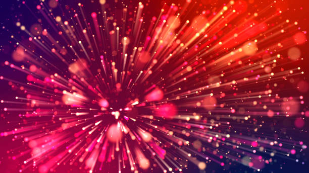 istock Abstract explosion of multicolored shiny particles or light rays like laser show. 3d render abstract beautiful background with light rays colorful glowing particles, depth of field, bokeh. 1183186037