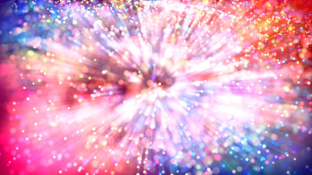 istock Abstract explosion of multicolored shiny particles or light rays like laser show. 3d render abstract beautiful background with light rays colorful glowing particles, depth of field, bokeh. 1183186315