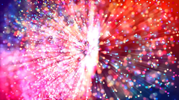 istock Abstract explosion of multicolored shiny particles or light rays like laser show. 3d render abstract beautiful background with light rays colorful glowing particles, depth of field, bokeh. 1183186341