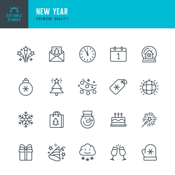 New Year - thin line vector icon set. 20 linear icon. Editable stroke. Pixel Perfect. Set contains such icons as Winter, New Year, Gift, Christmas, Sparklers, Christmas Tree, Party, Fireworks, Calendar, Snowman, Shopping, Party Hat, Invitation.