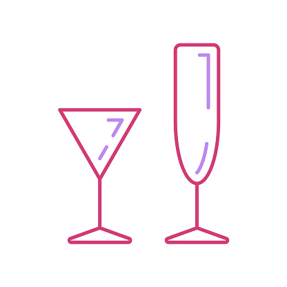 Line wineglass, tropical cocktail cup, toast icon. Binge, drink, champagne wine. Party celebration, holidays event, carnival element. Vector color design. Illustration vintage object. Adult symbols