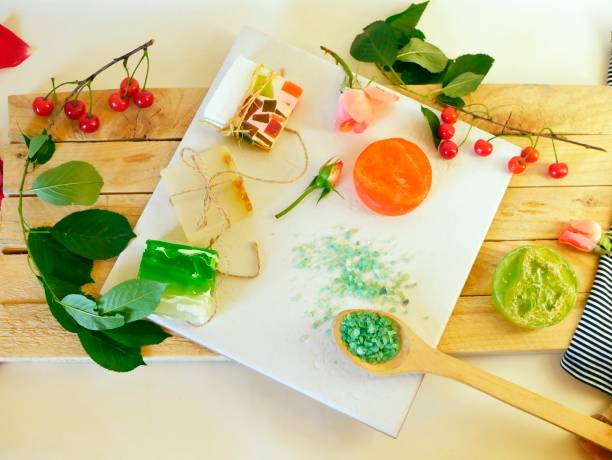 istock Natural soap, sea salt, buds, petals, roses, shells on the table 1183200919